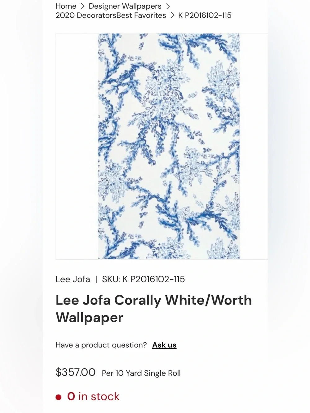 Lilly Pulitzer by Lee Jofa Blue and White Coral Print Wallpaper Panel